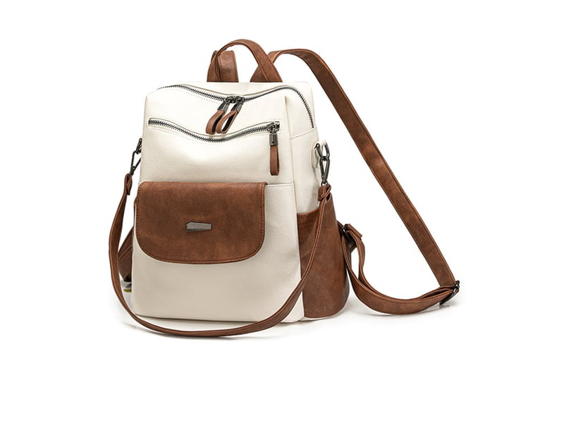  Sac à dos femme en cuir, petit format – imperméable, anti-vol, bandoulière pour ladies-blanc + marron  - Conforama B