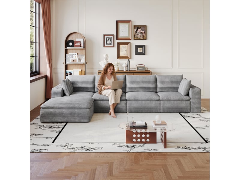 Canapé d’angle modulable 5 places avec méridienne gauche, coussins amovibles en velours côtelé gris foncé - Conforama B