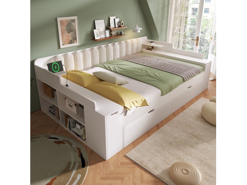 Lit gigogne 140x200 cm, lit jeune avec rangement en mdf et métal couleur blanc sans matelas, design moderne - Conforama D