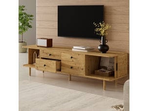Meuble tv avec 4 tiroirs et 2 portes coulissantes, espace sous meuble pour salon, mdf décor bois, 165 × 40 × 46 cm