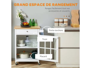 Desserte de cuisine à roulettes multi-rangement - placard porte vitrée avec étagère réglable, porte-torchon - blanc aspect chêne clair, tiroir