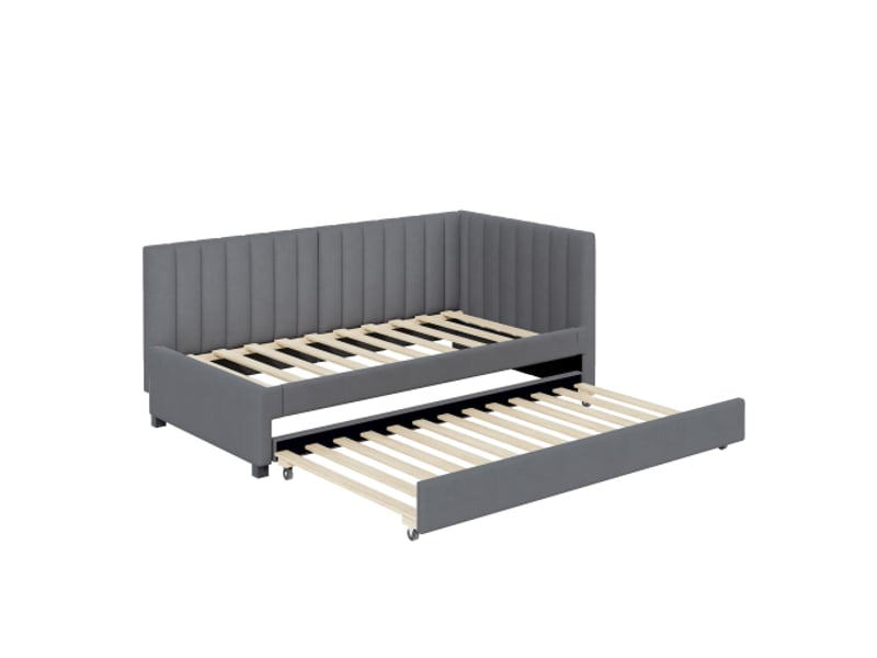  Lit gigogne 90x200 cm, lit enfant avec sommier à lattes, tissu en velours, gris, sans matelas  - Conforama E