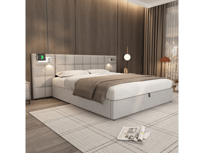  Lit coffre 180x200 cm lin gris avec usb, charge sans fil et lampe intégrée, sommier à lattes, montage facile  - Conforama B