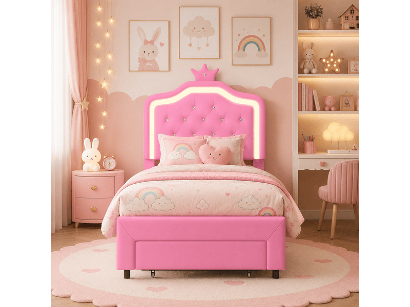  Lit simple 90x200 cm avec lampes led, lit enfant avec tête de lits réglable en hauteur et 1 tiroirs, en cuir avec couronne, pu, rose  - Conforama D
