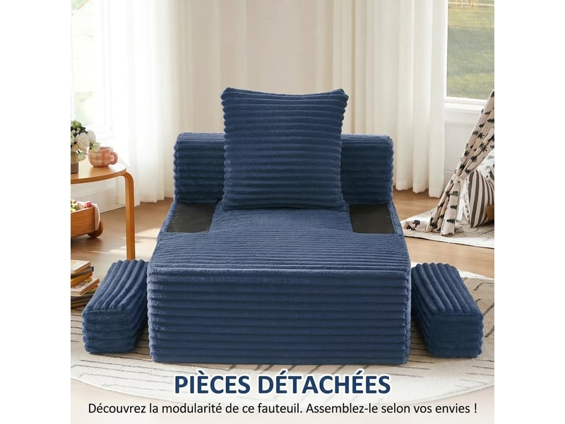  Canapé sans armature méridienne moderne en velours côtelé canapé lit confortable bleu  - Conforama C