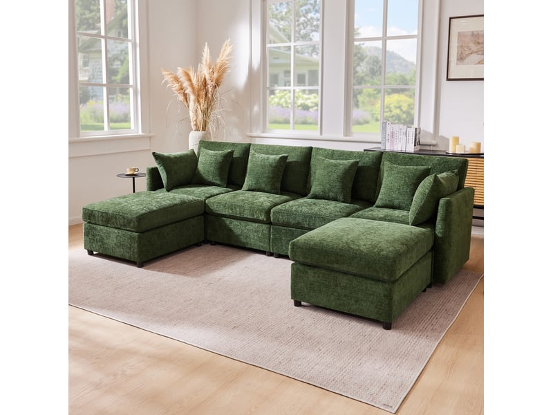  Canapé modulable 4 à 6 places, convertible en u ou en l, avec 2 poufs et 6 coussins, chenille vert  - Conforama B