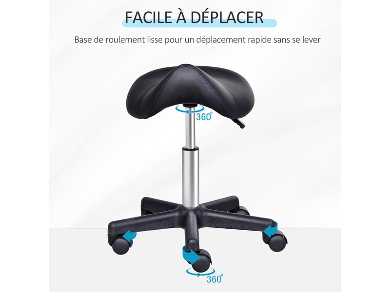  Tabouret à roulettes, tabouret de massage avec hauteur réglable 43-55 cm et selle ergonomique, chaise de travail à roulettes pivotant 360°, pour salon de massage, tatouage, clinique, noir, spa  - Conforama E