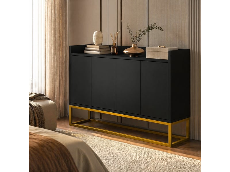  Buffet 4 portes noir, style minimaliste, sans poignées, 120 x 30 x 80 cm  - Conforama D