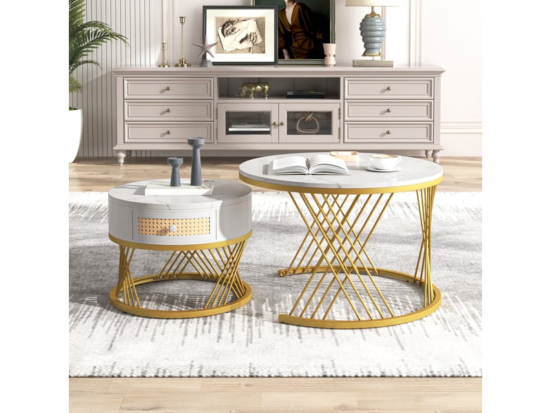  Tables basses gigognes rondes avec 1 tiroir, plateau effet marbre et pieds métalliques dorés en mdf blanches pour salon  - Conforama C