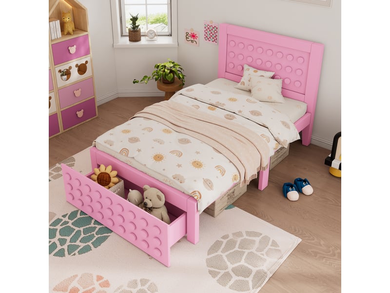  Modenvie lit enfant 90x200 cm - avec tiroir de rangement, sommier inclus, sans matelas - rose  - Conforama B