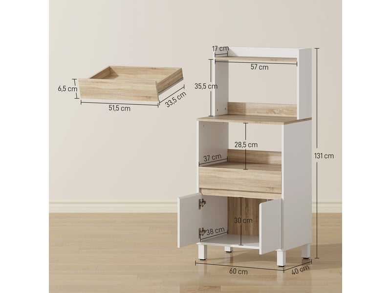  Meuble micro onde, 60 x 40 x 131 cm chêne et blanc, buffet cuisine avec placard tiroir étagère supérieur  - Conforama C