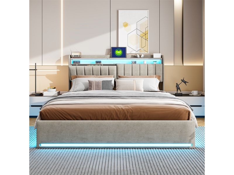 Lit coffre 140x200cm - lit double 140x200 - cadre de lit avec led rgb, tête de lit avec rangement, prise usb type-c - velours gris - Conforama C