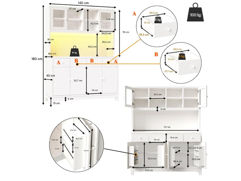  Buffet haut avec led rgb, portes vitrées et 4 tiroirs 140 x 38,5 x 180 cm  - Conforama C
