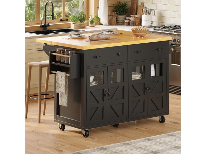  Îlot de cuisine mobile noir 140 cm, desserte extensible avec rangement et freins  - Conforama B