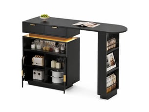 Desserte de cuisine extensible avec 2 tiroirs, niche et portes, led pour cuisine et salle à manger en mdf noir