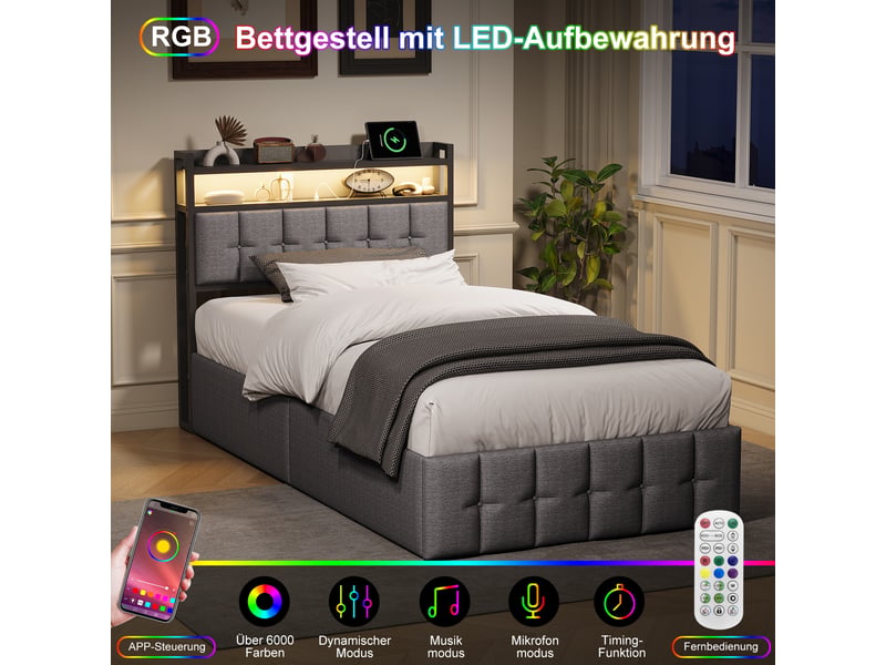 Lit coffre 90x200 avec led et usb, lit simple avec espace de rangement hydraulique cadre de lit rembourré avec tete de lit lits 1 place pour adolescent et chambre d'amis gris lin, sans matelas - Conforama D