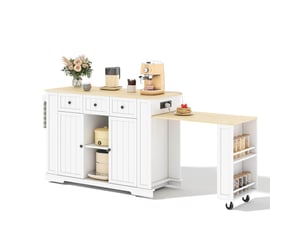 Desserte de cuisine avec 2 portes, 2 tiroirs et étagères réglable, table extensible et prises usb en mdf blanc naturel