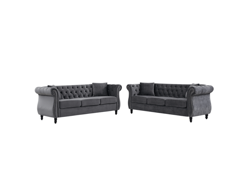 Canapé droit 6 places style chesterfield avec accoudoirs arrondis, capitonnage et clous décoratifs en velours gris  - Conforama A