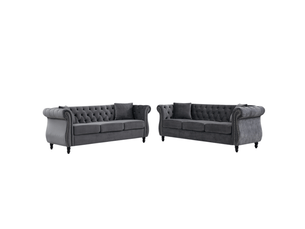 Canapé droit 6 places style chesterfield avec accoudoirs arrondis, capitonnage et clous décoratifs en velours gris