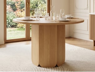 Table ronde à manger ø 120 cm, plateau fixe en mdf, pied central à forme lobée, jusqu'à 6 personnes, décor effet chêne