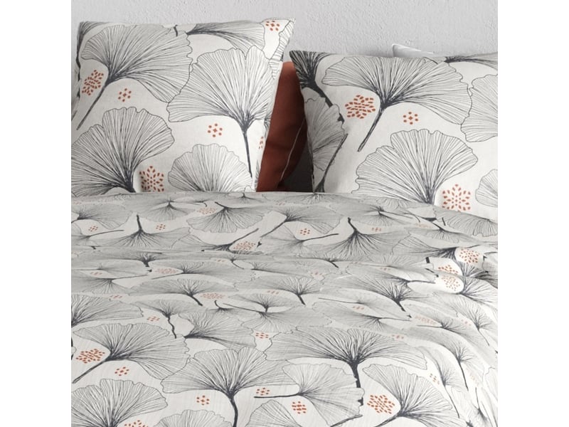  Parure housse de couette 260x240cm + 2 taies motif feuillage ginko gris 100% coton - frezia FREZIA - Conforama D