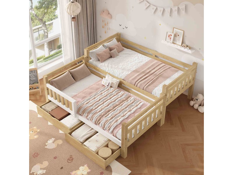  Lit superposé enfant 90x200 cm en bois, séparable en 2 lits simples, avec échelle, barrières de sécurité et 2 tiroirs - blanc et naturel  - Conforama D