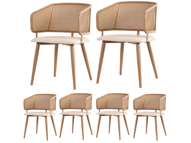 6 chaises de salle à manger avec dossier en rotin, assise en pu cuir, design ergonomique et pieds métal effet bois 4071298082494 - Conforama A