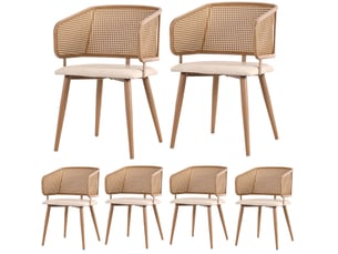 6 chaises de salle à manger avec dossier en rotin, assise en pu cuir, design ergonomique et pieds métal effet bois