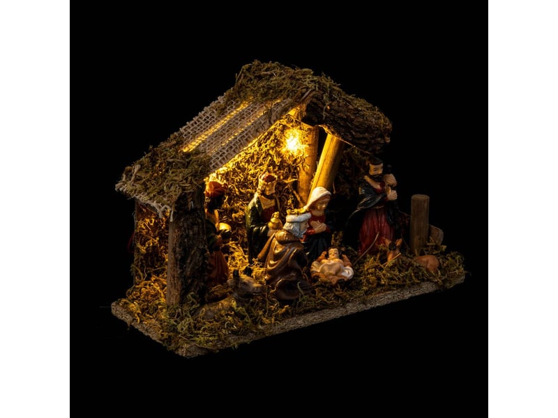  Crèche de noël à led avec 7 santons 20x13cm résine et bois USKO - Conforama B