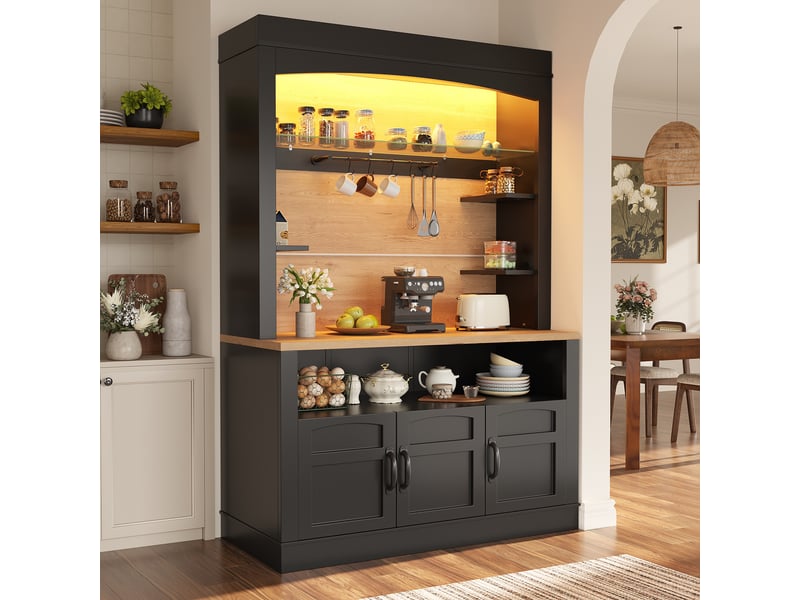  Buffet haut de cuisine 101,5 x 40 x 174 cm noir, plan de travail, led rgb par application, 6 crochets et tablettes latérales, pour cuisine et séjour  - Conforama B