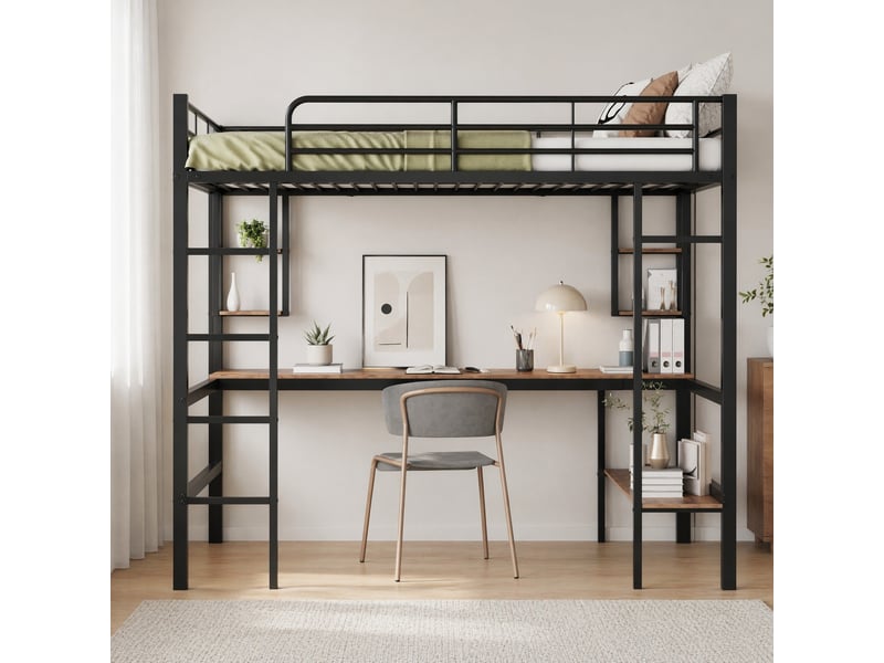  Lit mezzanine 140x200 cm avec bureau et bibliothèque métal et mdf noir sans matelas  - Conforama B