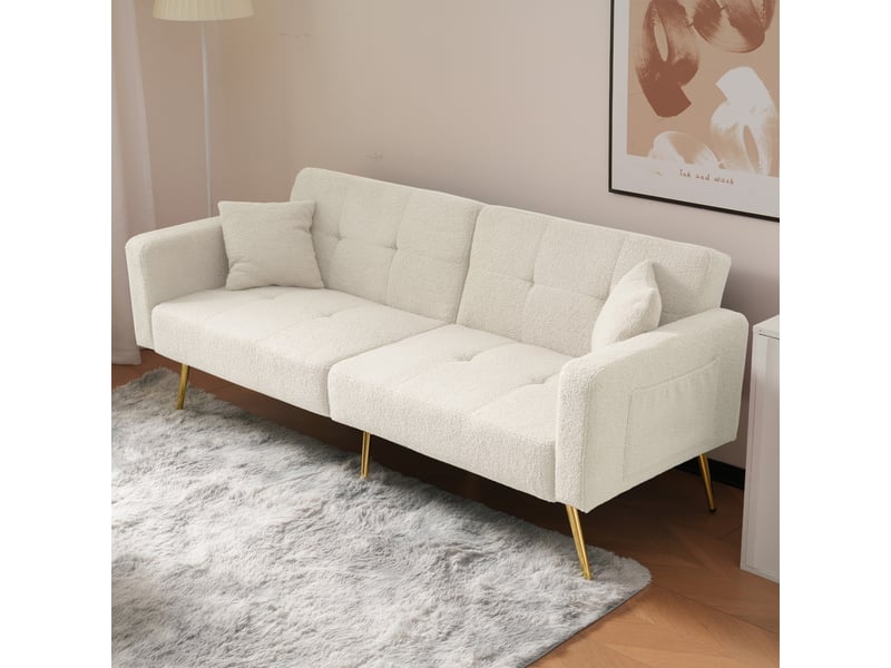  Canapé convertible bouclette blanche 2 places, canapé lit avec pieds dorés et poches latérales, dossier inclinable 175x64x72cm.  - Conforama C