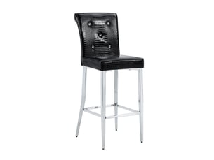 Tabouret de bar lot de 2 à dossier haut avec repose-pieds et boutons cristal, effet crocodile en pvc noir et métal chromé