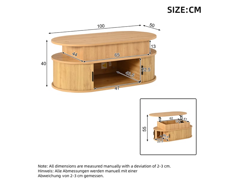  Table basse ovale relevable 100x50x40 cm avec rangement coloris bois clair  - Conforama C