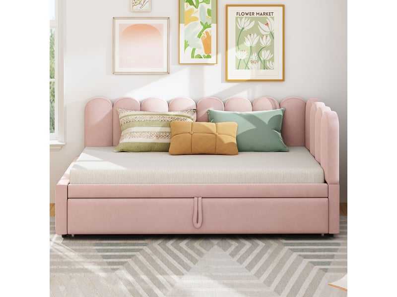  Lit d'appoint 2-en-1 en l 90180 x 200 cm, tissu velours rose, convertible et compact pour chambre d'amis, lit gigogne  - Conforama C
