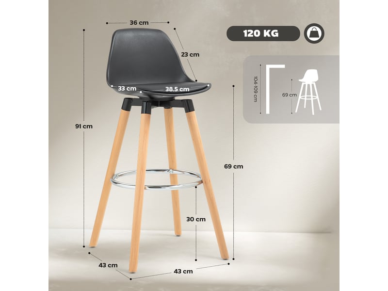  Lot 2 tabourets bar modernes polyuréthane, cuisine hauts, dossier, repose-pieds acier, assise rembourrée 69 cm, pieds bois.  - Conforama E