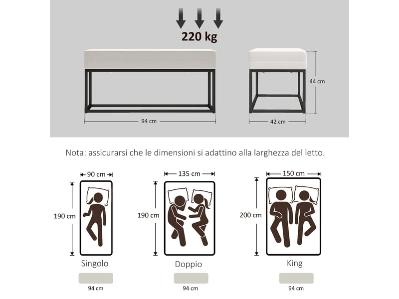  Banc d'entrée moderne en acier, mousse et tissu velouté avec pieds réglables, dimensions 94 x 42 x 44 cm, crème  - Conforama C