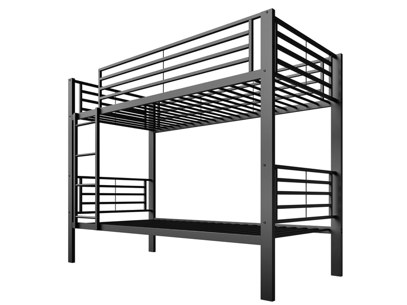  Lit superposé 90 × 200 cm, métal, échelle réversible, sommier à lattes, 2 couchages, garde-corps, noir, charge 200 kg  - Conforama E