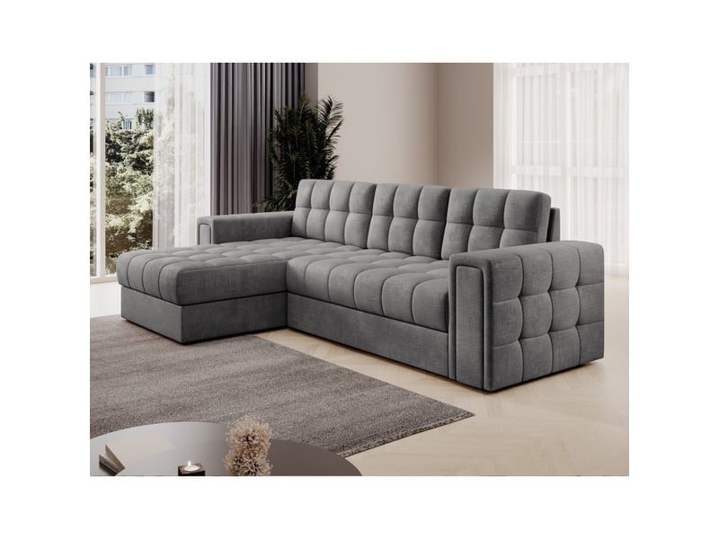 Canapé d'angle convertible kapitara gris capitonné réversible avec coffre de rangement - Conforama E
