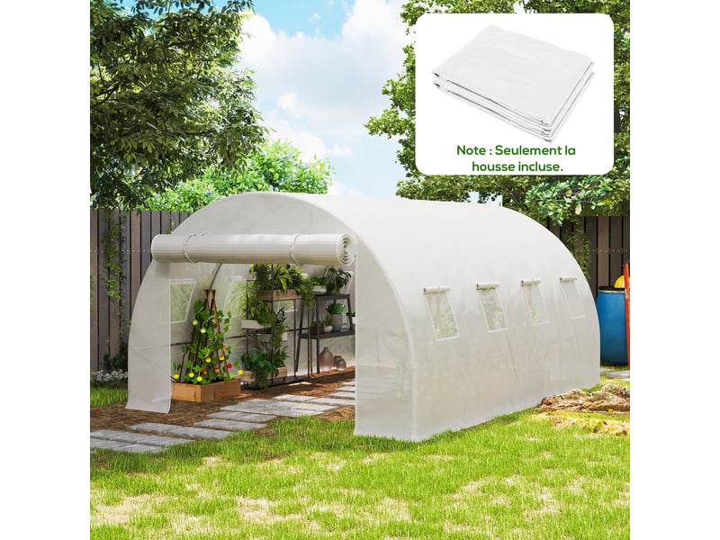  Bâche de rechange serre tunnel 12 m² 4 x 3 x 2 m pe anti-uv imperméable 8 fenêtres + porte enroulable zippée blanc  - Conforama C