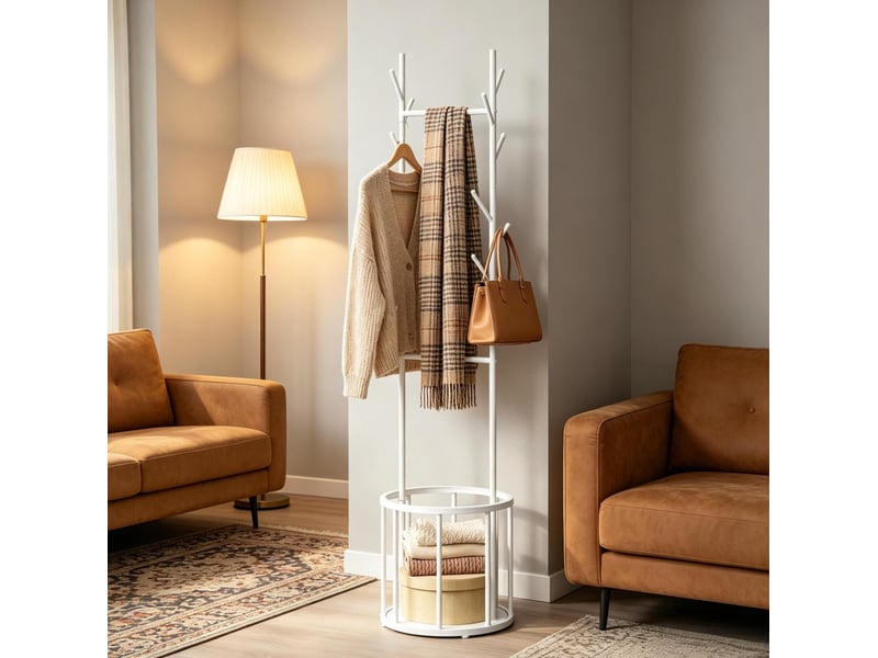  Porte-manteau sur pied en métal blanc 41x175x41 cm avec panier de rangement  - Conforama E
