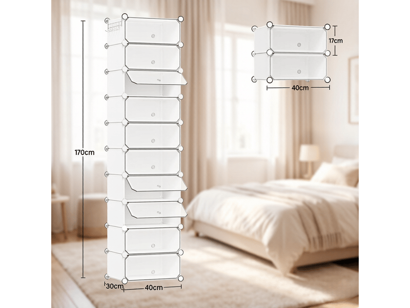  Meuble à chaussures modulable 10 compartiments avec portes pour entrée 40×30×170 cm blanc  - Conforama E