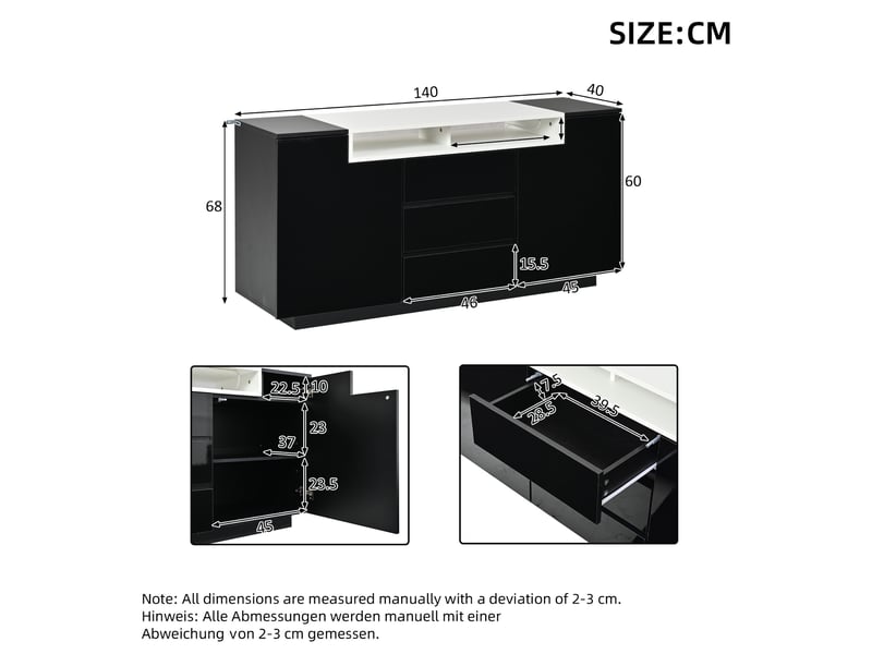  Buffet et enfilade avec 2 portes, 3 tiroirs, niches, séparateurs réglables et éclairage led, noir, 140 × 40 × 68 cm  - Conforama C
