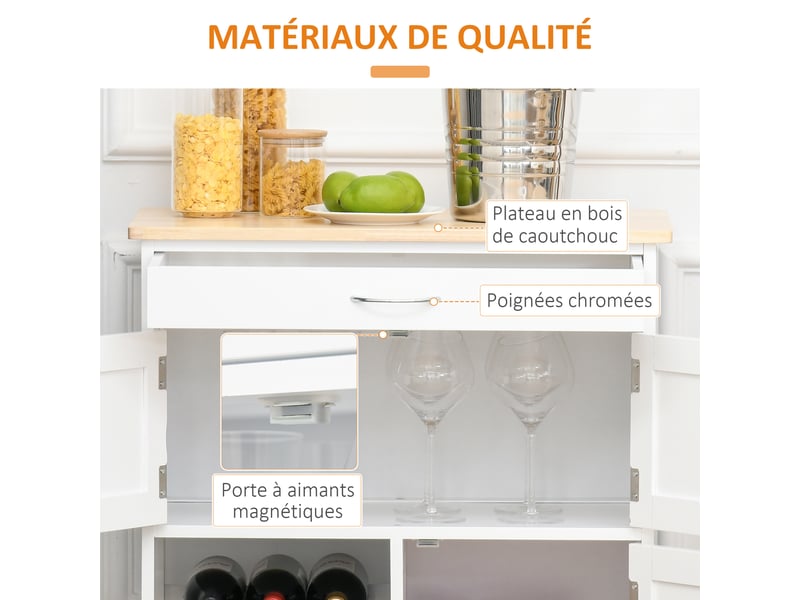  Desserte de cuisine multi rangements 2 placards tiroir casier 9 bouteilles mdf blanc plateau bois caoutchouc  - Conforama R