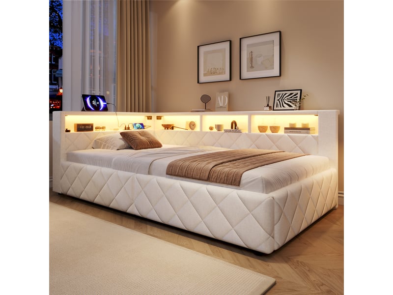  Lit coffre 90x200 cm avec rangement hydraulique, tête de lit avec étagère, éclairage LED réglable et port USB, lit rembourré en lin - Beige Fay Lum - Conforama D