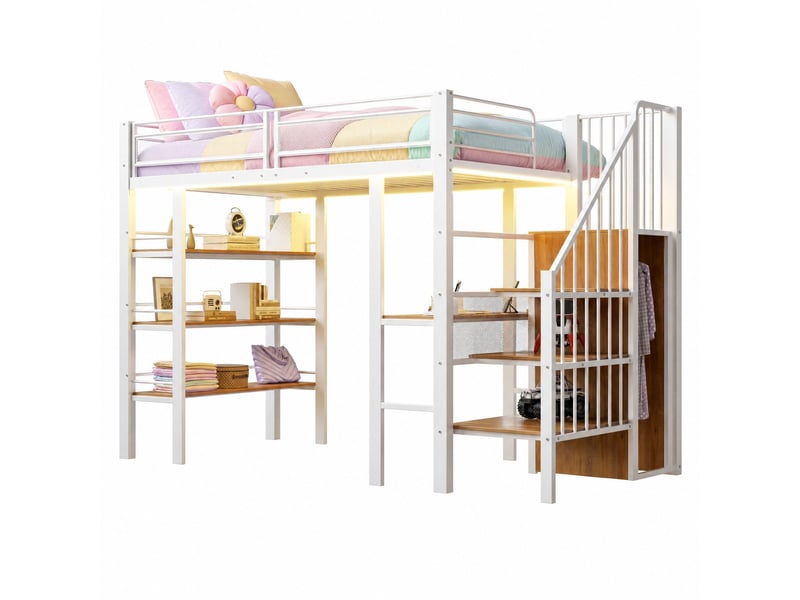  Lit mezzanine 90 x 200 cm en métal, avec bureau, rangements et led, blanc  - Conforama A