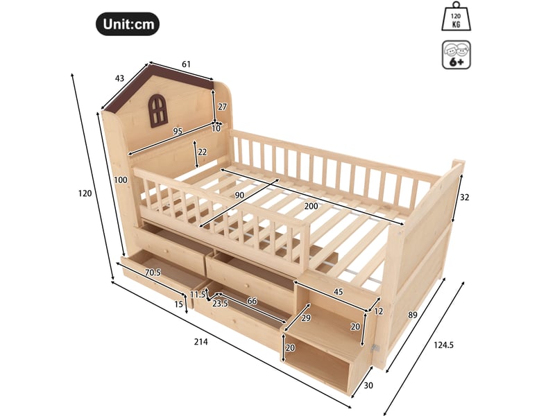  Lit enfant mi-hauteur 90x200 cm maison avec led et rangements coloris naturel  - Conforama C