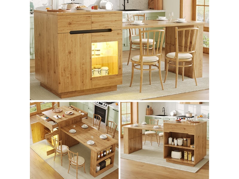  Îlot de cuisine extensible avec rangements, porte vitrée et led – effet chêne, design moderne  - Conforama D