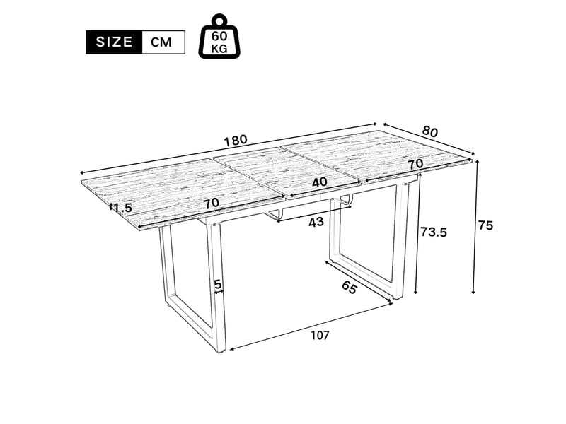 Table à manger rectangulaire extensible, 140-180x80x75 cm, pieds, pratique, plateau mdf, piètement métal, coloris gris  - Conforama C