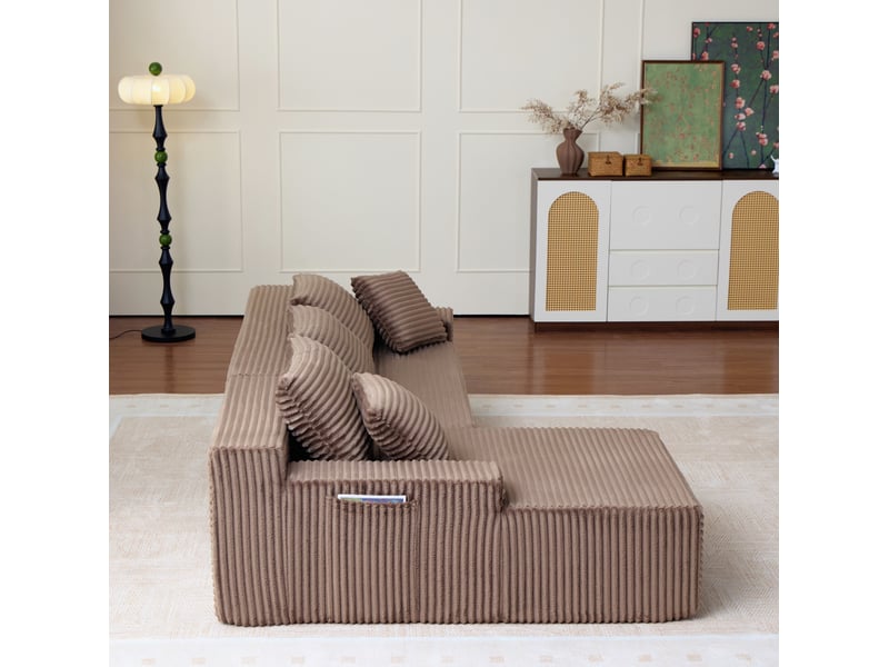  Canapé d’angle modulable gauche compressé 4 places en mousse et velours côtelé couleur marron, style moderne  - Conforama D